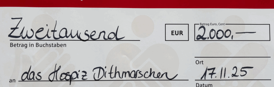 REGIONALES ENGAGEMENT: 2.000,- € FÜR DEN FREUNDESKREIS HOSPIZ DITHMARSCHEN E.V.