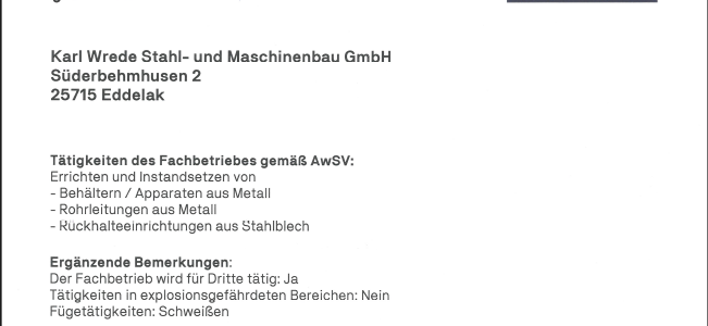 Erfolgreiche Re-Zertifizierung zum Fachbetrieb gemäß Wasserhaushaltsgesetz (WHG)