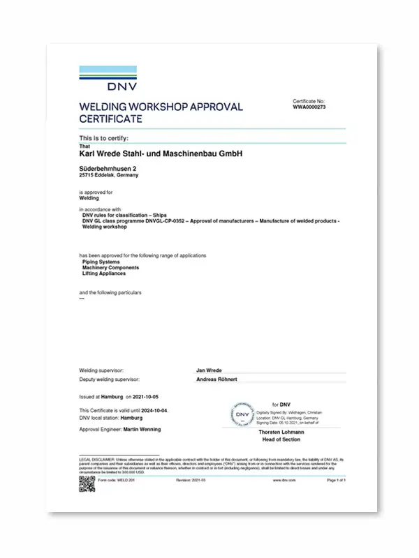 DNV - WELDING WORKSHOP APPROVAL CERTIFICATE - WWA0000273